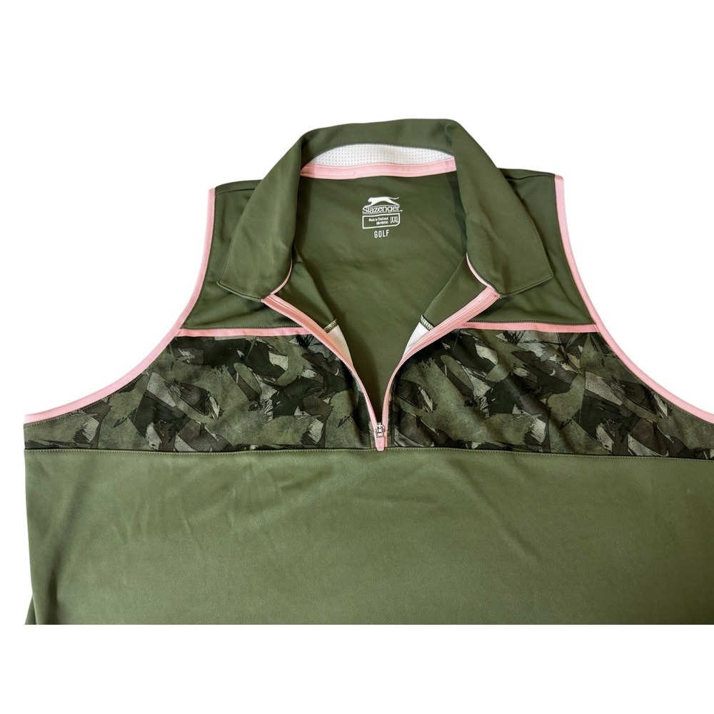 Slazenger Golf Sleeveless Polo XXL Green Camo Athletic Shirt Stretch Zip Neck